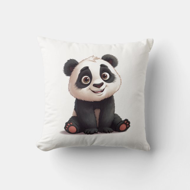 Sitting Panda Bear Cartoon Illustration Artwork Throw Pillow (Front)