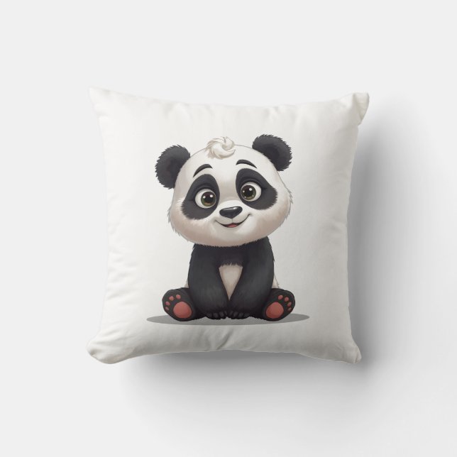 Sitting Panda Bear Cartoon Illustration Artwork Throw Pillow (Front)