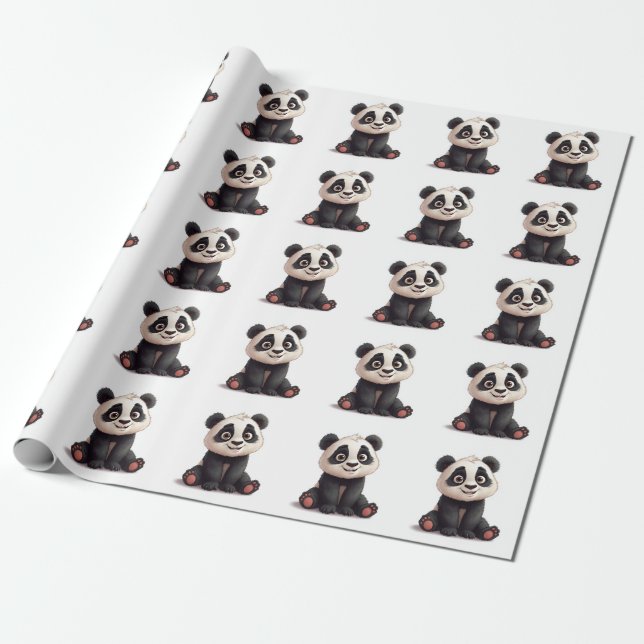 Sitting Panda Bear Cartoon Illustration Artwork Wrapping Paper (Unrolled)