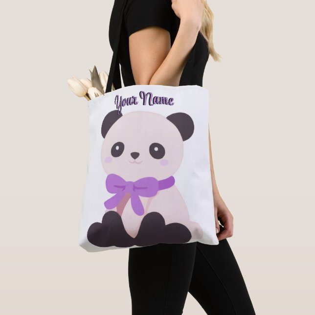 Sitting Panda Purple Bow Cute Kawaii Custom Tote Bag (Close Up)