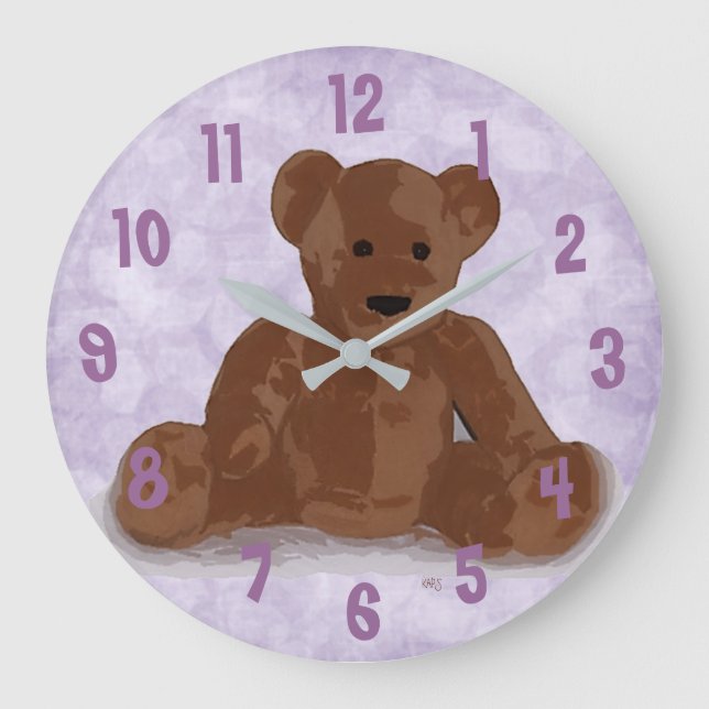 Sitting Teddy Bear (purple background) Large Clock (Front)