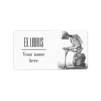 Sitting vintage skeleton thinking bookplate
