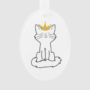 Sitting White Cat with Gold Crown Ornament