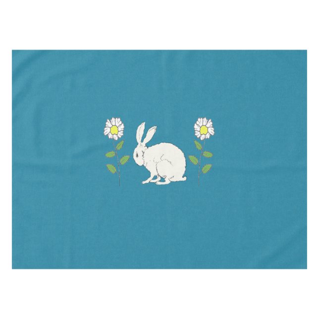Sitting White Rabbit  Between Daisies on Dark blue Tablecloth (Front (Horizontal))
