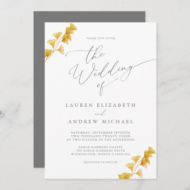 Siver Grey Gold Watercolor Wedding Invitation (Front/Back)