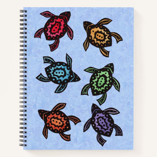 Six Abstract Turtles Brightly Coloured Shells Blue Notebook (Front)