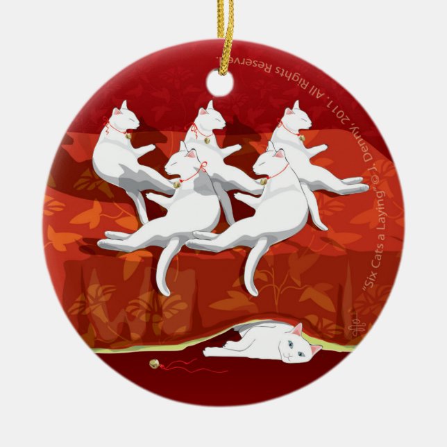 Six Cats a-Laying... Christmas Tree Ceramic Ornament (Front)