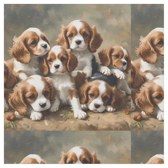 Six Cavalier Spaniel Puppies, Fabric (Close Up)