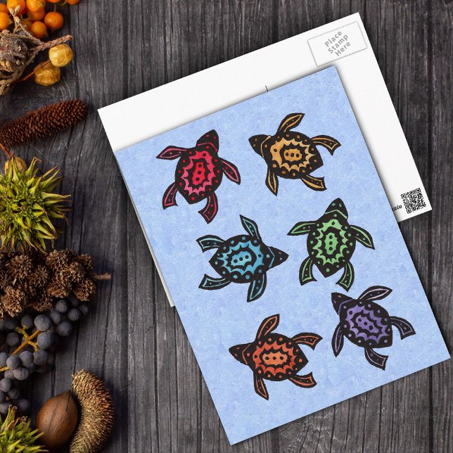 Six Colourful Turtles Abstract Markings on Shells Postcard (Bunch of colourful abstract turtles on blue postcard.)