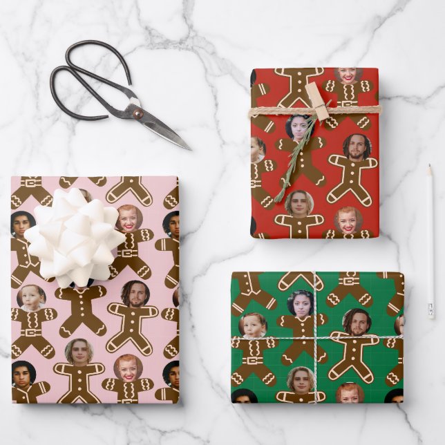 Six Face Gingerbread People Holiday Wrapping Paper Sheet (Front)