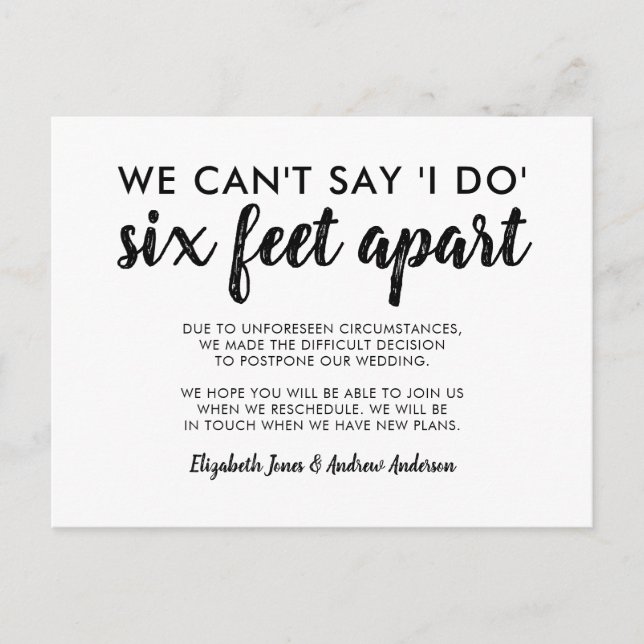 Six Feet Apart Postponed Change of Date Wedding Announcement Postcard (Front)