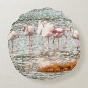 Six Flamingos A Wading Watercolor Round Pillow