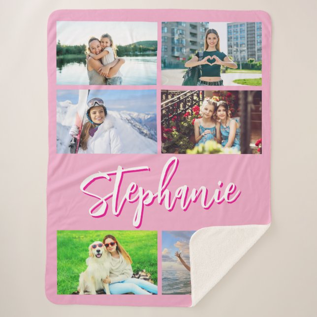 Six Horizontal Photo Collage Personalized Pink Sherpa Blanket (Front)
