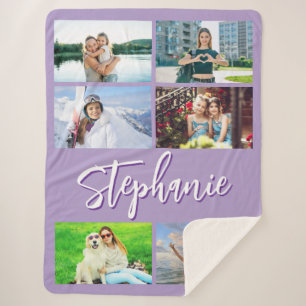 Six Horizontal Photo Collage Personalized Purple Sherpa Blanket