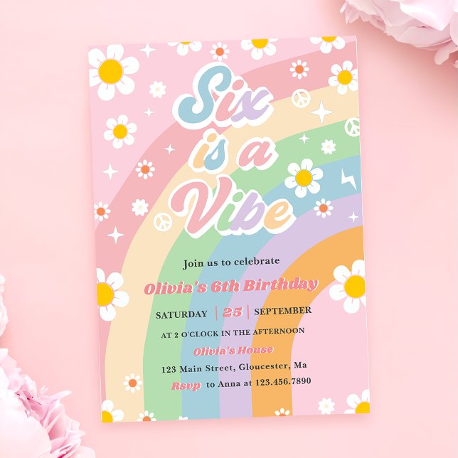 Six Is A Vibe Groovy Daisy Rainbow 6th Birthday Invitation (Creator Uploaded)