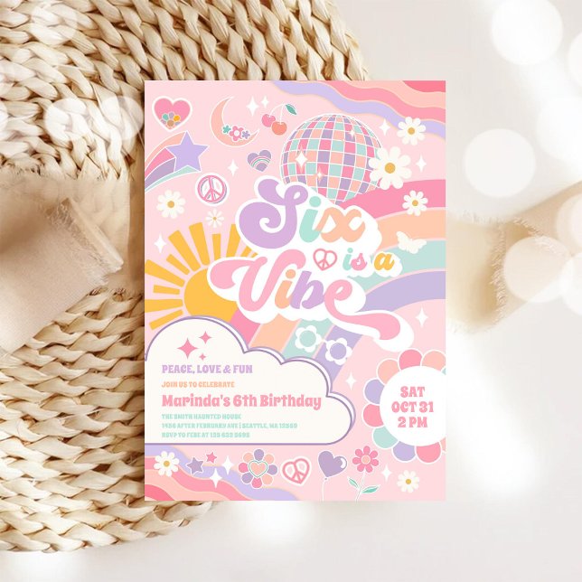 Six Is A Vibe Rainbow Disco Sun 6th Birthday  Invitation (Creator Uploaded)