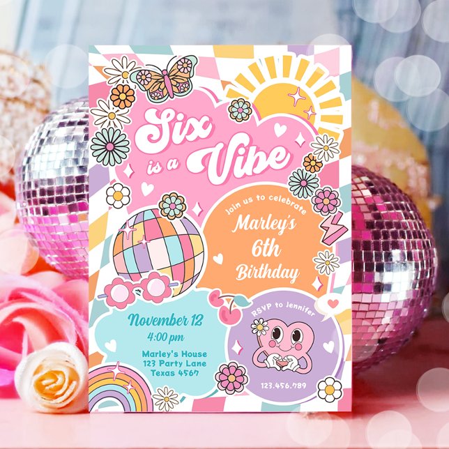 Six is a Vibe Retro Groovy Preppy Varsity Birthday Invitation (Creator Uploaded)