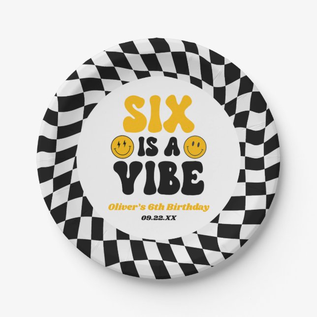 Six Is A Vibe Retro Sixth 6th Birthday Party Paper Plate (Front)