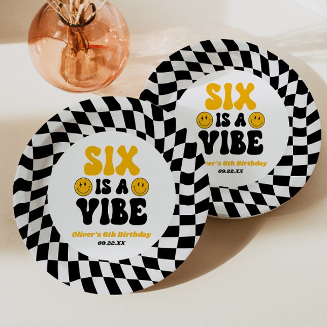 Six Is A Vibe Retro Sixth 6th Birthday Party Paper Plate (Creator Uploaded)