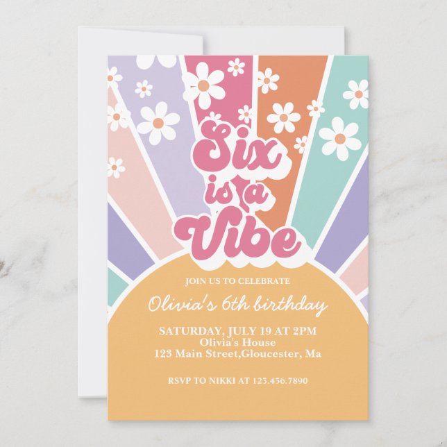 Six is a Vibe Retro Sunshine Rainbow Daisy Invitation (Front)