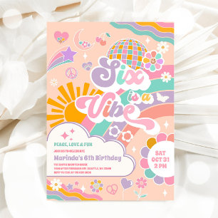 Six Is A Vibe Sun Rainbow Disco 6th Birthday Invitation