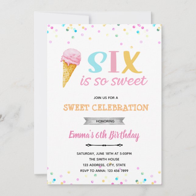 Six is so sweet ice cream invitation (Front)