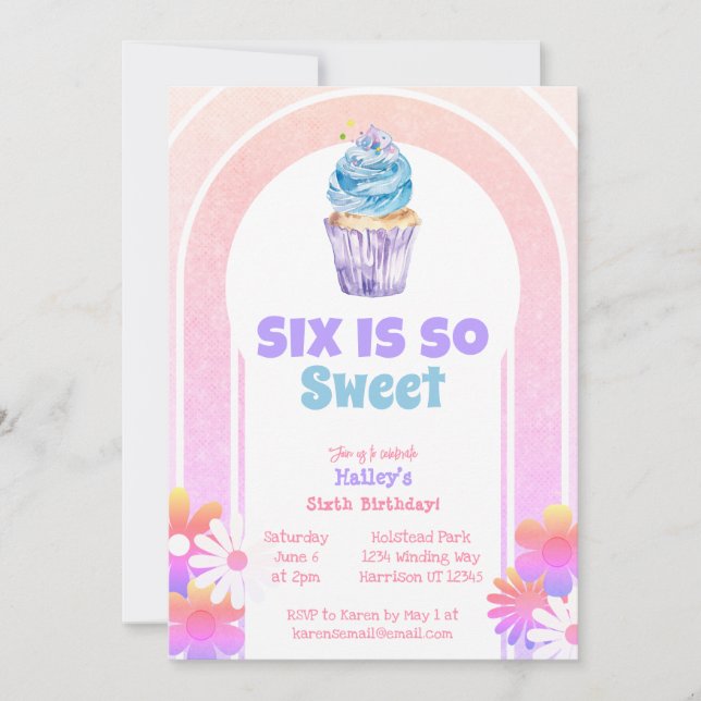 Six is So Sweet Rainbow Cupcake Sixth Birthday Invitation (Front)