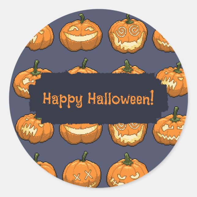 Six Jack o'Lantern Pixel Pumpkins Pattern Classic Round Sticker (Front)