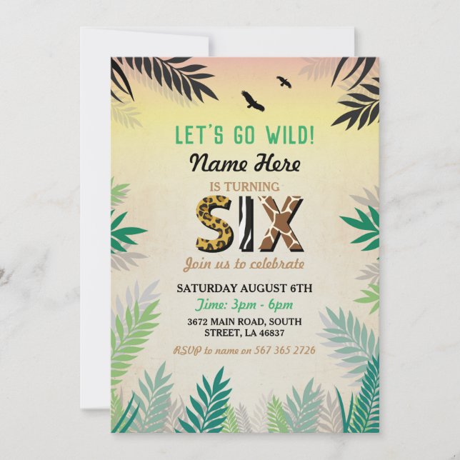 Six Jungle 6th Birthday Party Safari ZOO Wild Invitation (Front)