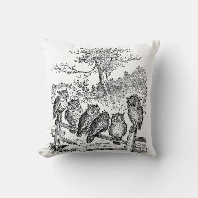 Six Little Owls Sitting on a Broken Down Fence Throw Pillow (Front)