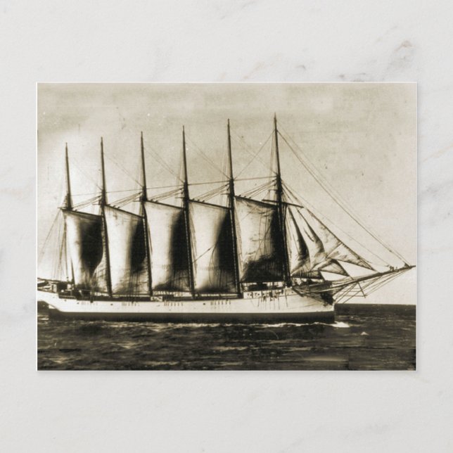Six masted wooden ship postcard (Front)