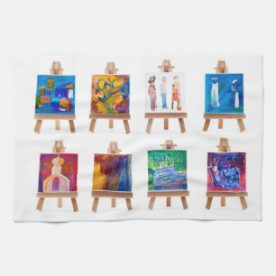 Six mini paintings on easels isolated on white kitchen towel
