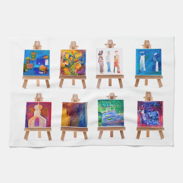 Six mini paintings on easels isolated on white kitchen towel (Horizontal)