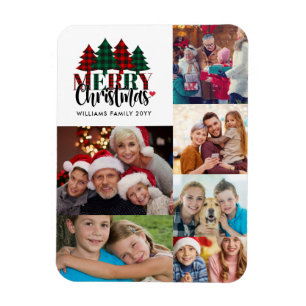 Six Photo Plaid Family Name Merry Christmas  Magnet