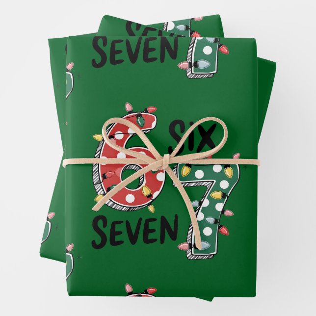 Six Seven 67 6 7 Christmas Meme Funny Xmas  green Wrapping Paper Sheet (In situ)