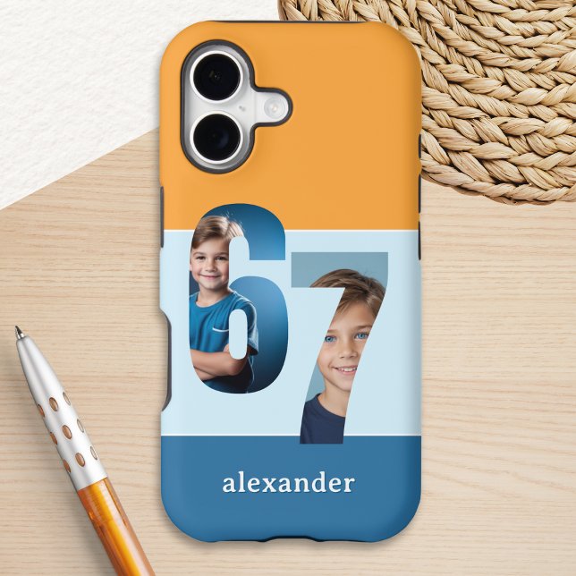 Six Seven 67 Bloc de Couleurs Photo Personnalisée  (A trendy 6-7 themed phone case with blue and yellow color block stripes, with custom photos and name)