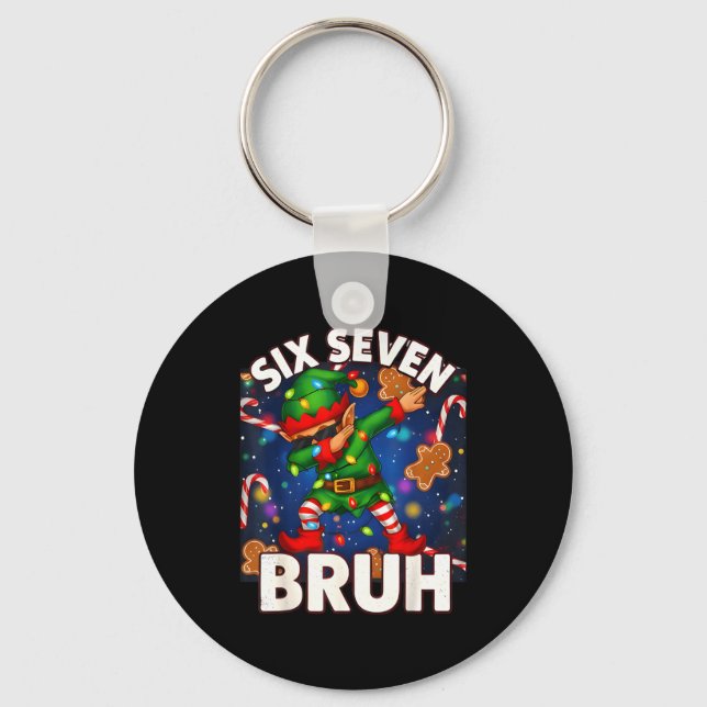 Six Seven 6 7 Funny Bruh Christmas Dabbing Elf Mat Keychain (Front)