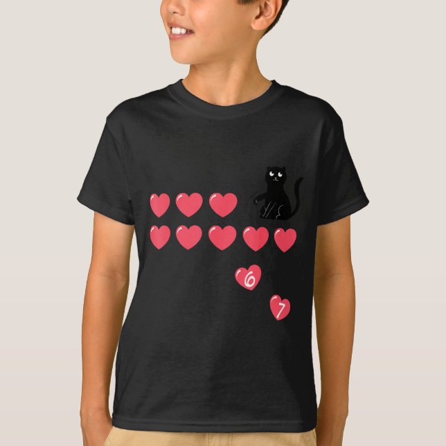 Six Seven Black Cat Knocking Off Hearts Funny 67 V T-Shirt (Front)