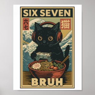 Six Seven Bruh Vintage Cat Meme Gift for Men Women Poster