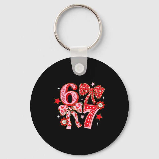 Six Seven Coquette Girl Bow Cool Meme 67 Valentine Keychain (Front)
