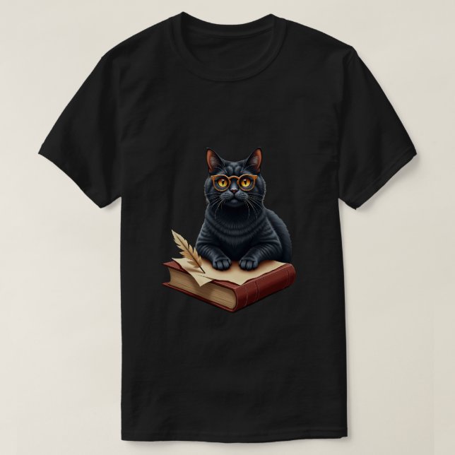 Six Seven Dark Academia Cat Reader T-Shirt (Design Front)