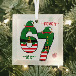 Six Seven Dressed In Elf Suits Christmas Glass Ornament
