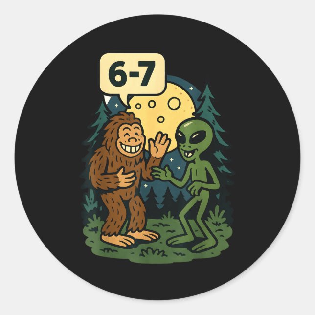 Six Seven Funny Bigfoot And Alien 67 Viral Meme Sa Classic Round Sticker (Front)