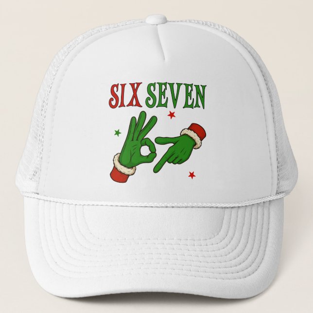 Six Seven Grinch Hand OK Sign Trendy Christmas  Trucker Hat (Front)