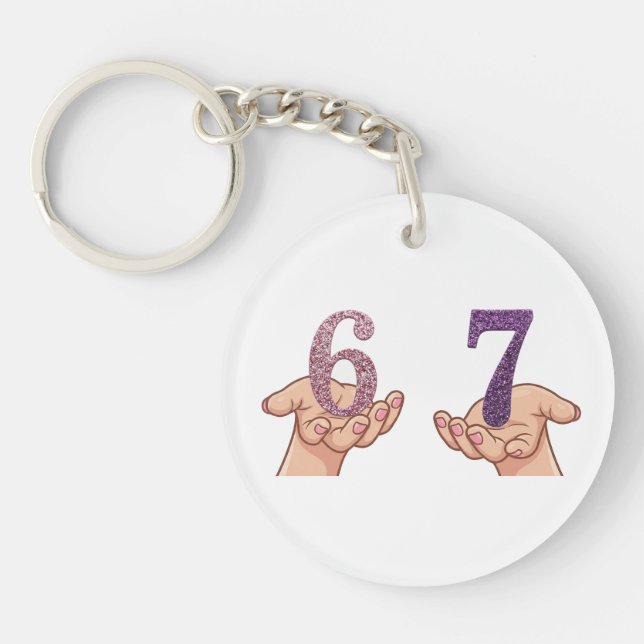 Six Seven Pink Purple Glitter Brain Rot Keychain (Front)