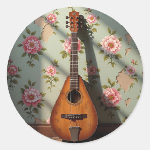Six-Stringed Dulcimer Vintage Floral Classic Round Sticker