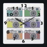 SIX VINTAGE PHOTO CAMERAS IN POP ART STYLE SQUARE WALL CLOCK<br><div class="desc">A very stylish white Clock in Pop Art style,  with black numbers,  and a digital illustration of six colourful retro photo cameras. This quirky Wall Clock is customizable and is available in other options. Visit our store for more creative gifts!</div>