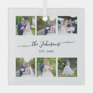 Six Wedding Photo Heart Swash Signature Glass Ornament