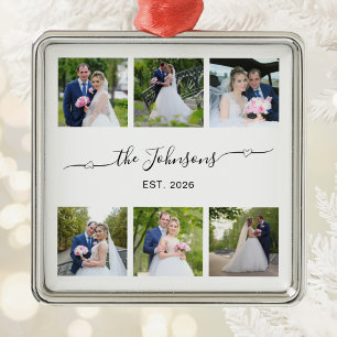 Six Wedding Photo Heart Swash Signature Metal Ornament