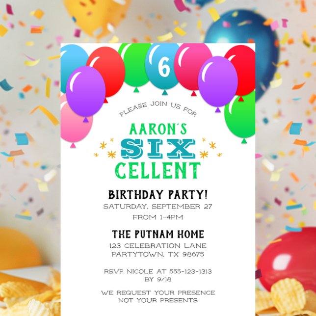 SIXcellent 6th Birthday Balloon Banner Blue Invitation (Creator Uploaded)